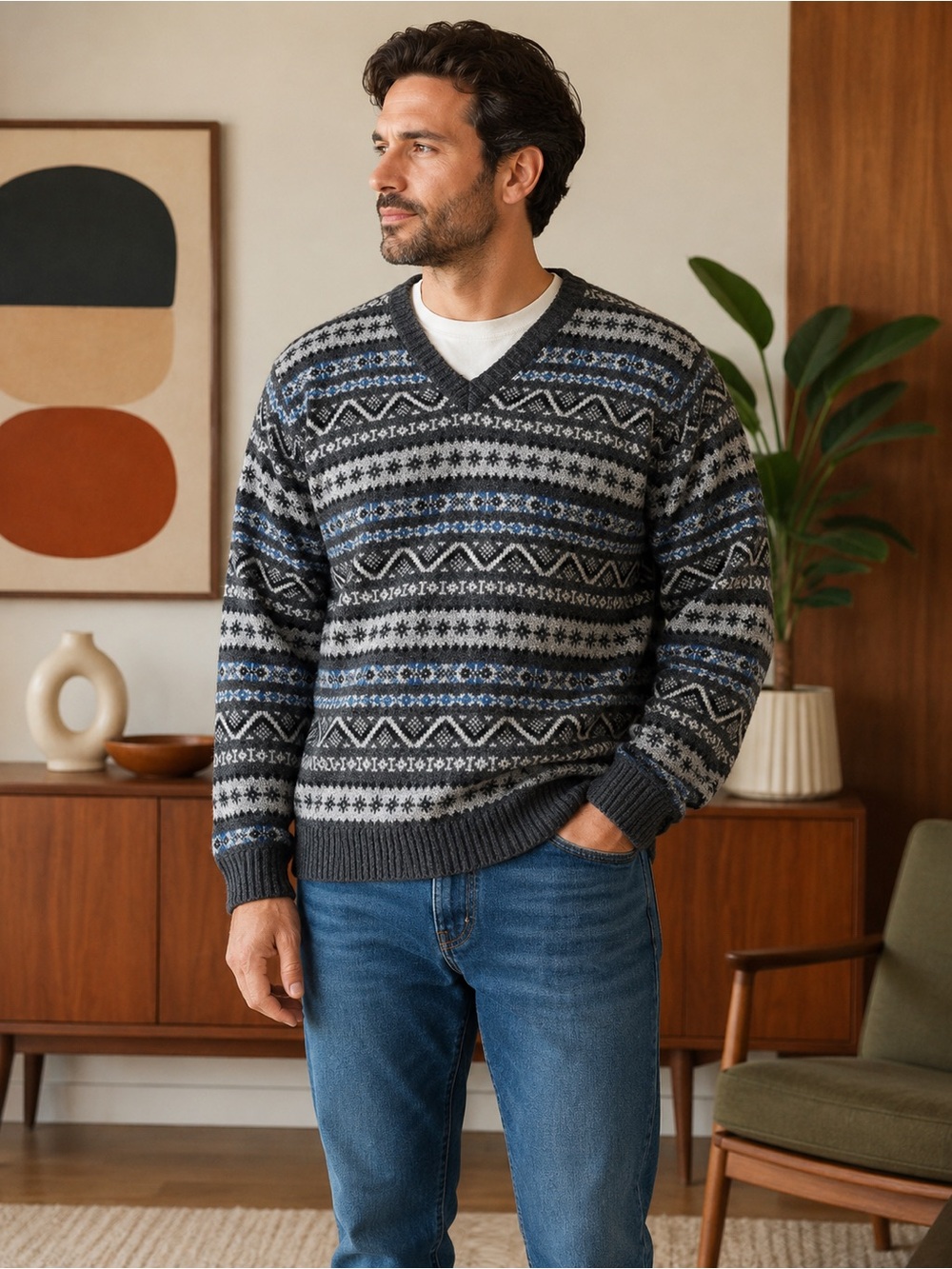 Men’s Nautica Black Gray Blue Wool V Neck Pullover Sweater L Fair Isle